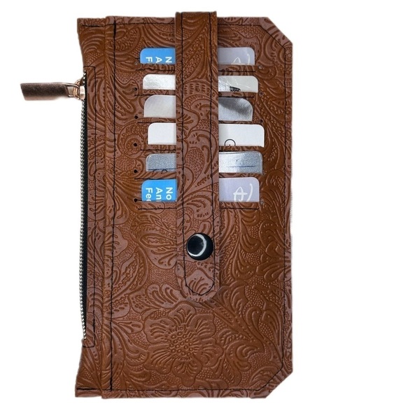 Wallet brown vinyl with tooled pattern rose gold plastic zipper Handmade - Picture 3 of 8